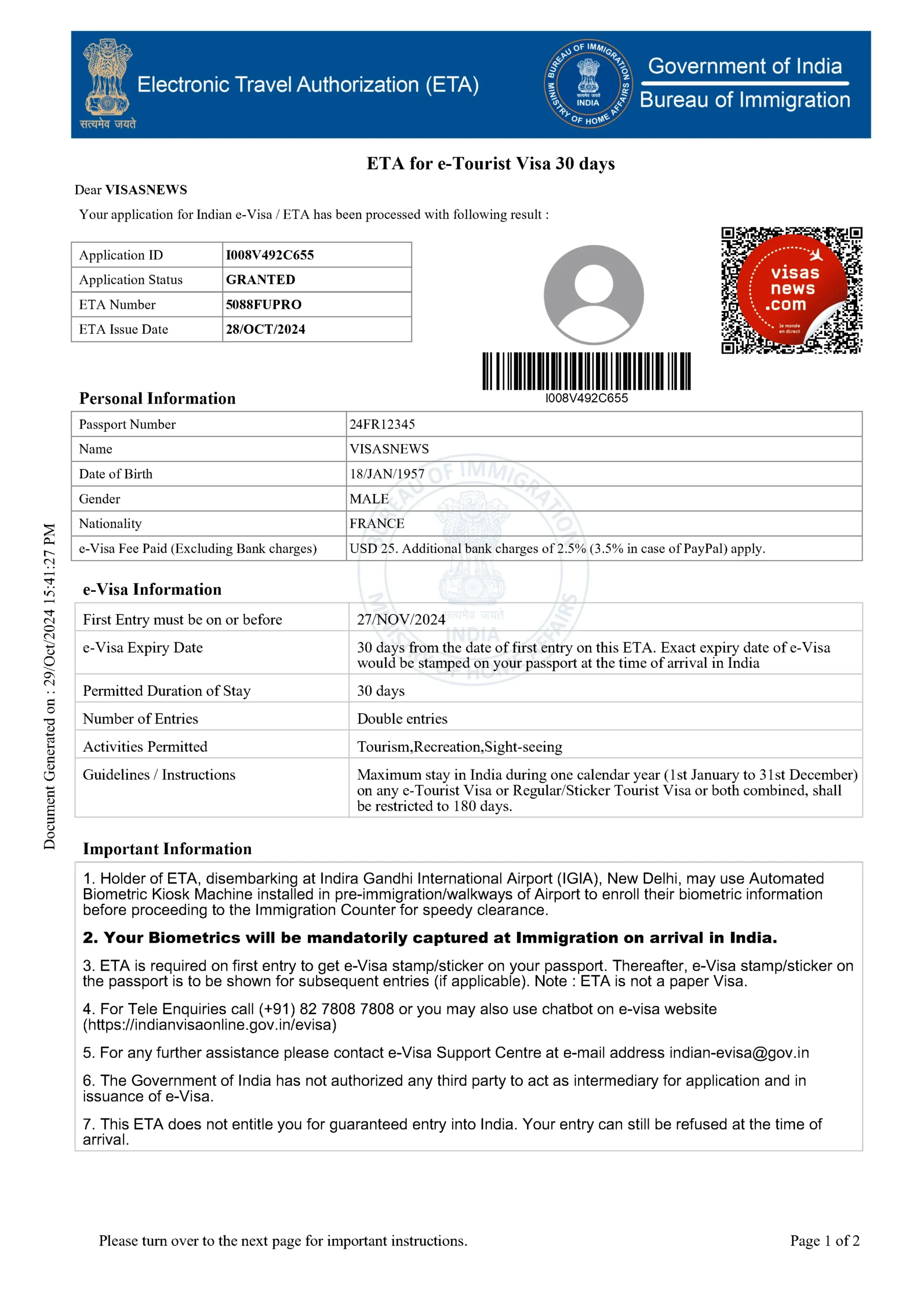 Sample image of the India e-Visa